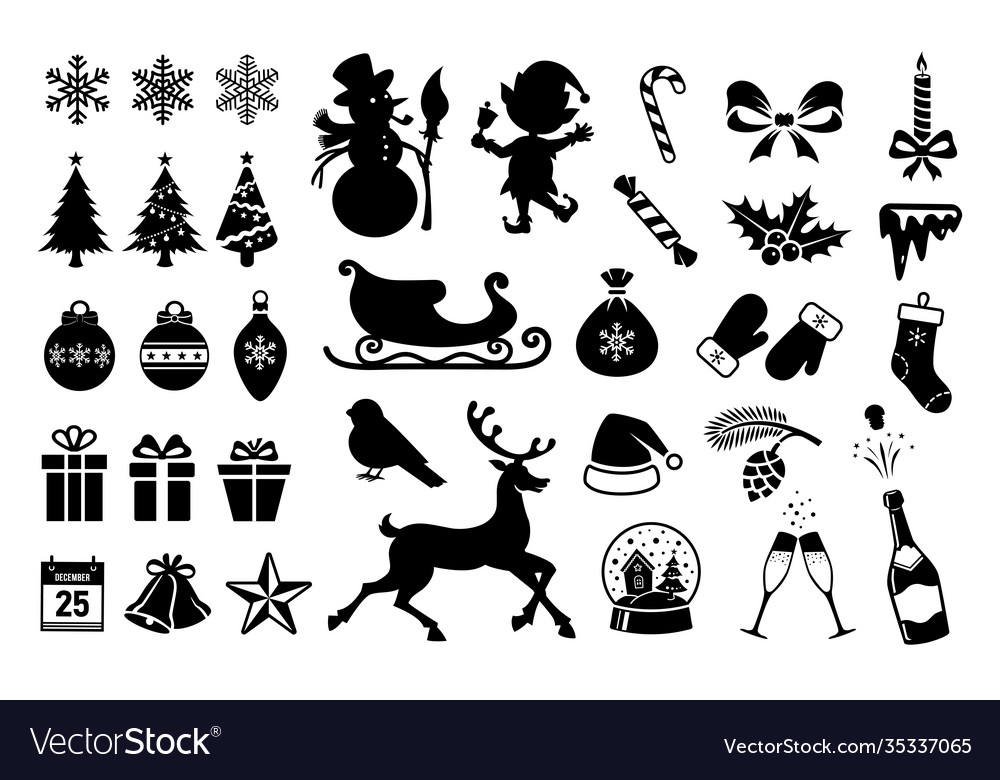 Christmas Black Icons And Silhouettes Set Vector Image