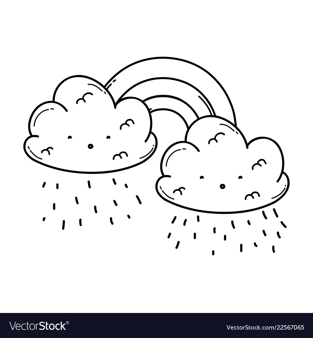 Cloud and rainbow cute cartoon in black white