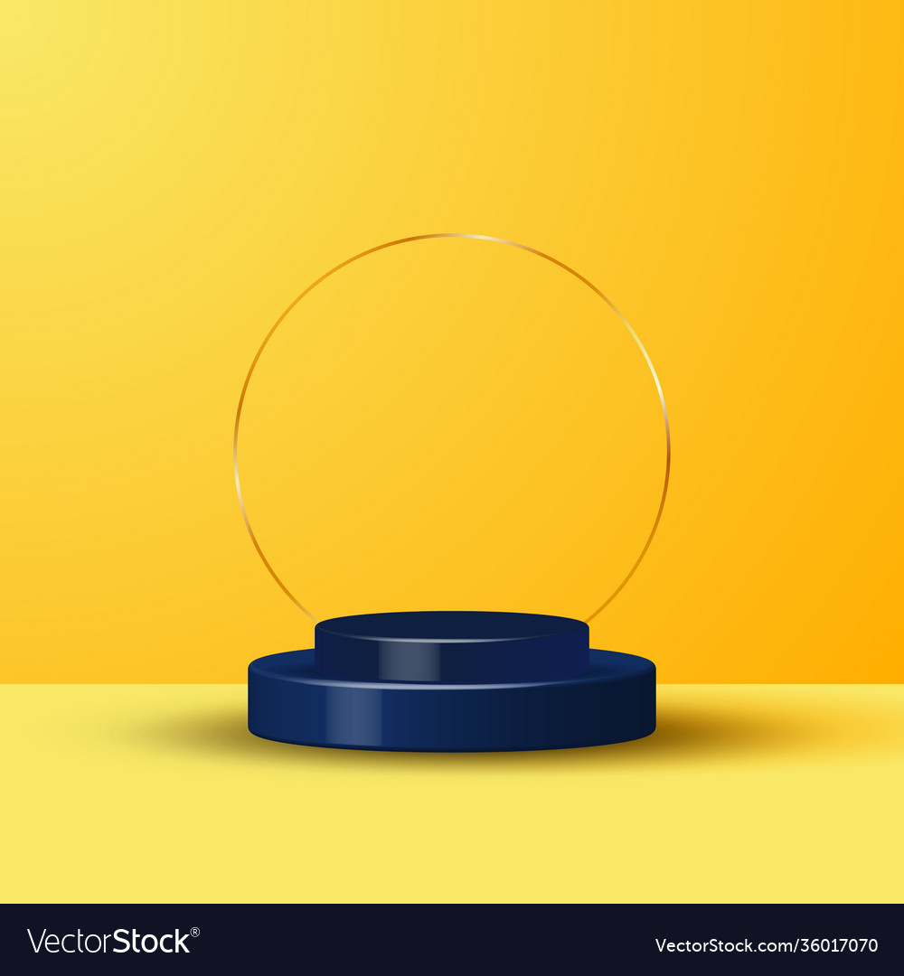 3d Realistic Yellow Rendering And Blue Podium Vector Image