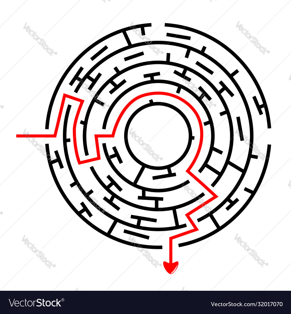Black circle maze red line from in to out vector image Black circle maze red line from in to out