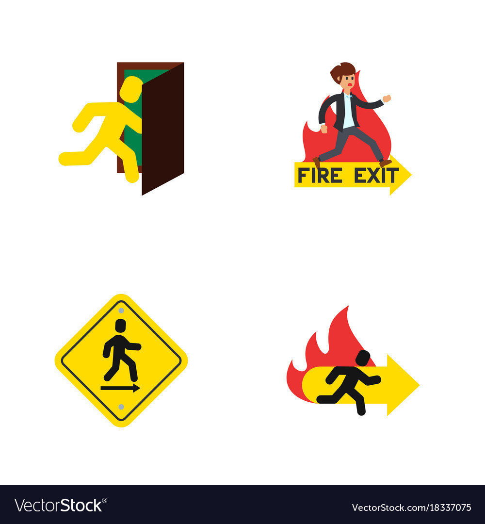Flat icon door set of fire exit direction pointer