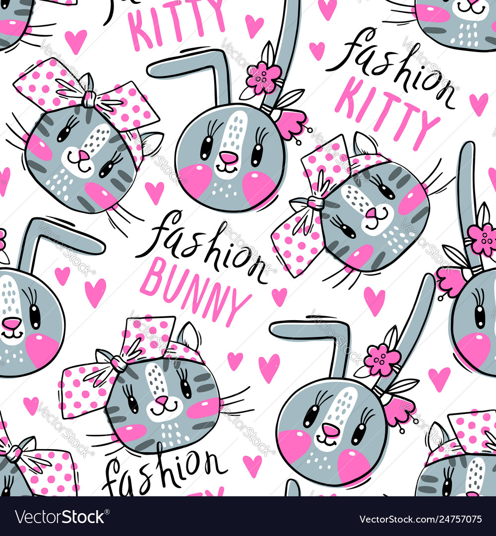 Seamless pattern with faces cats and rabbits vector image Seamless pattern with faces cats and rabbits
