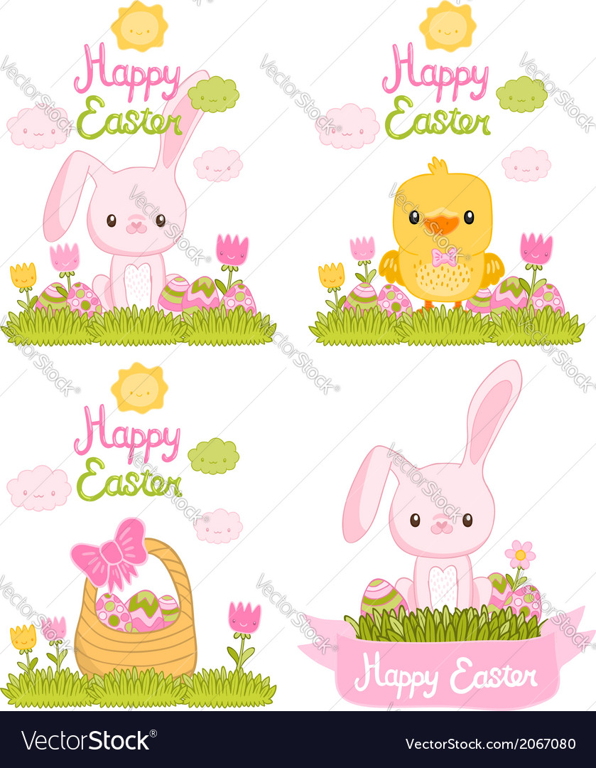 Happy easter set with cartoon cute bunny chicken