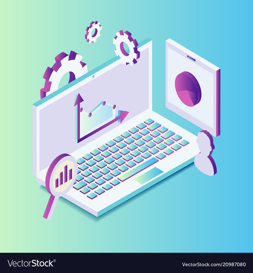 Isometric laptop with graphics and settings