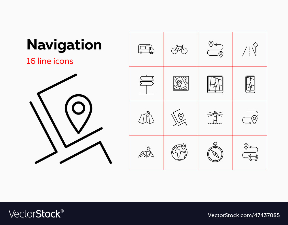 Navigation line icon set camper van gps app vector image Navigation line icon set camper van gps app