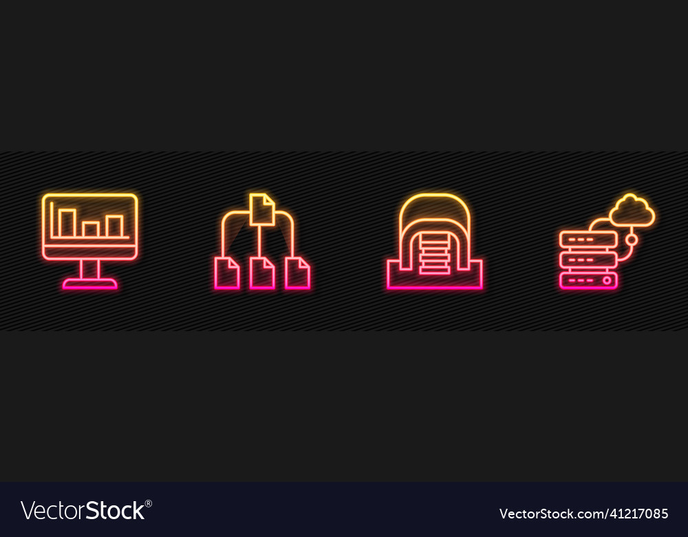 Set line hangar with servers monitor graph chart vector image Set line hangar with servers monitor graph chart