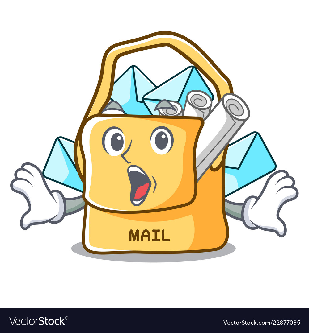 Surprised mail bag character on table front