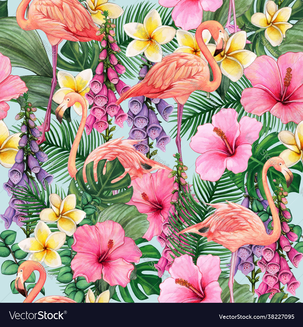 Colorful watercolor flamingos and flower bright vector image Colorful watercolor flamingos and flower bright
