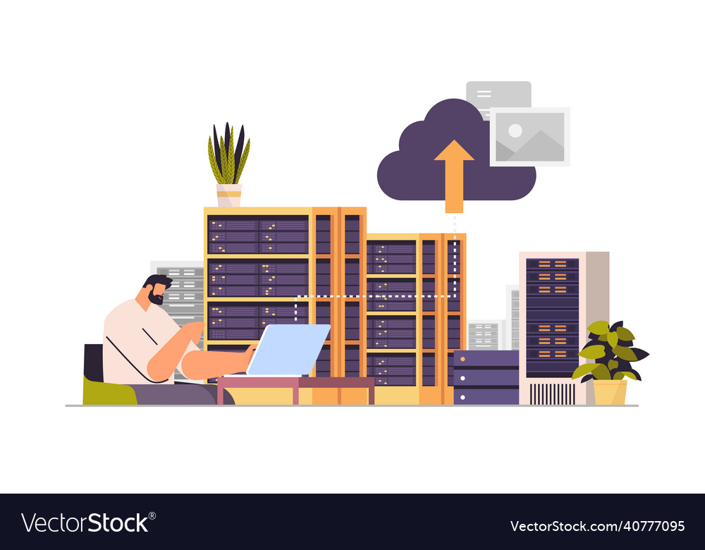 Man working in data center technical room hosting Vector Image Man working in data center technical room hosting