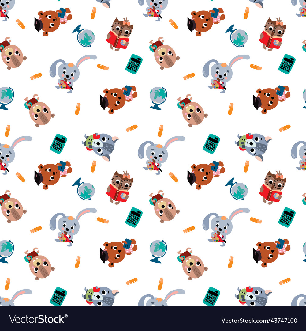 School seamless pattern with cute little animals