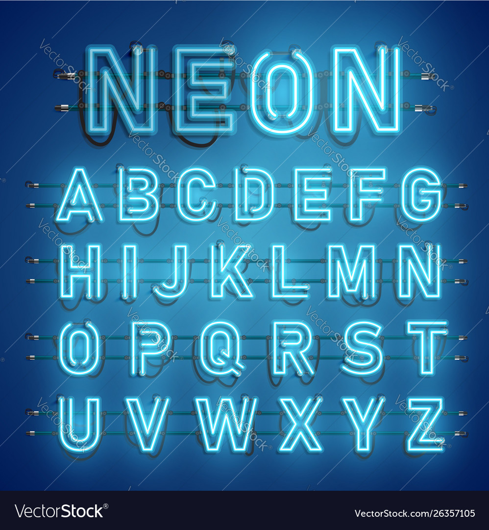 Realistic neon font with wires and console vector image Realistic neon font with wires and console