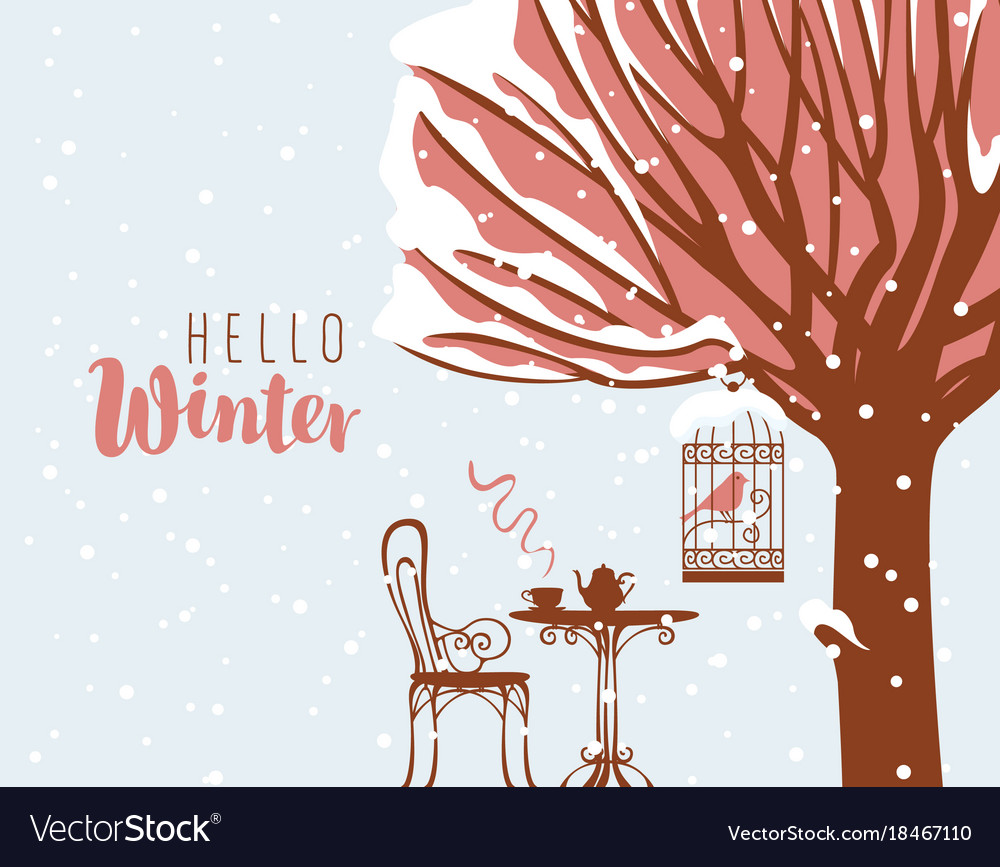 Winter street cafe under tree and bird in cage Vector Image