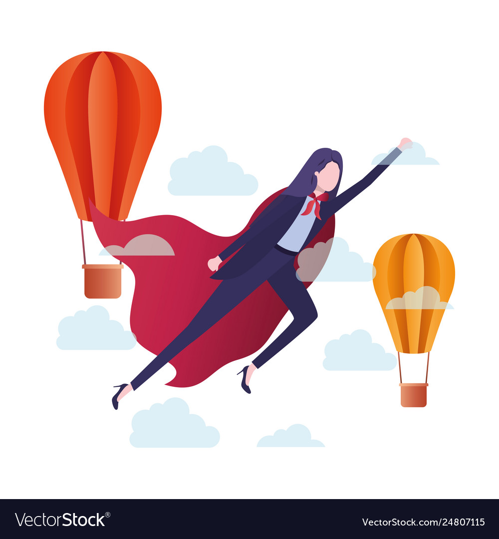 Businesswoman with hero cape and air balloon