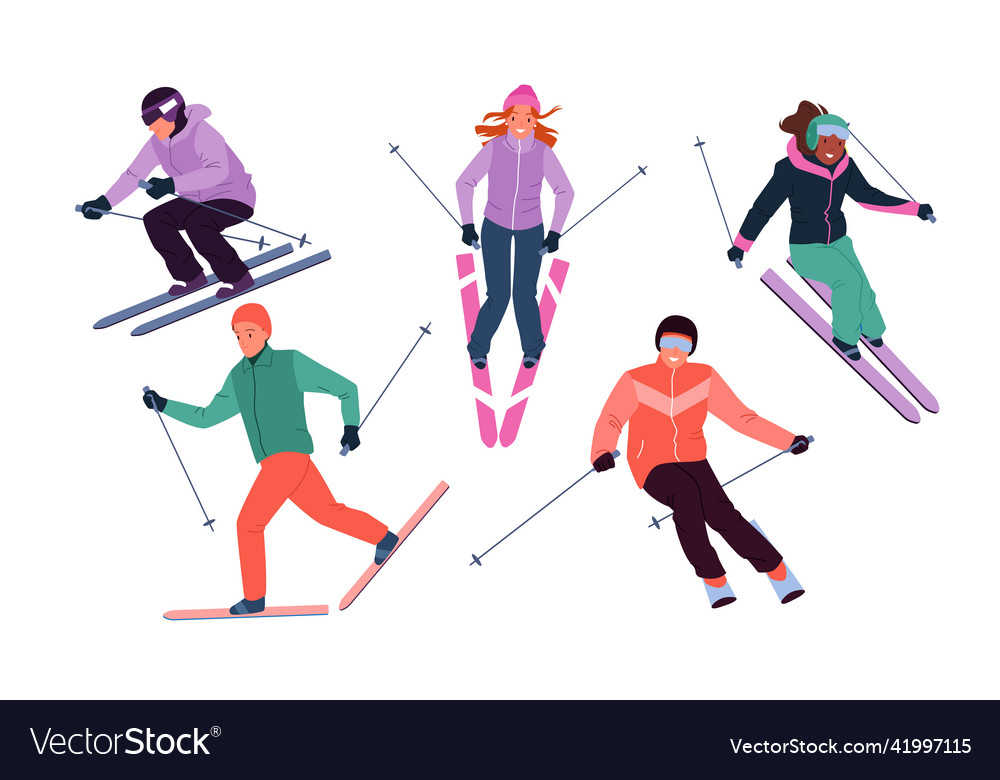 Cartoon active adult characters in goggles hold Vector Image