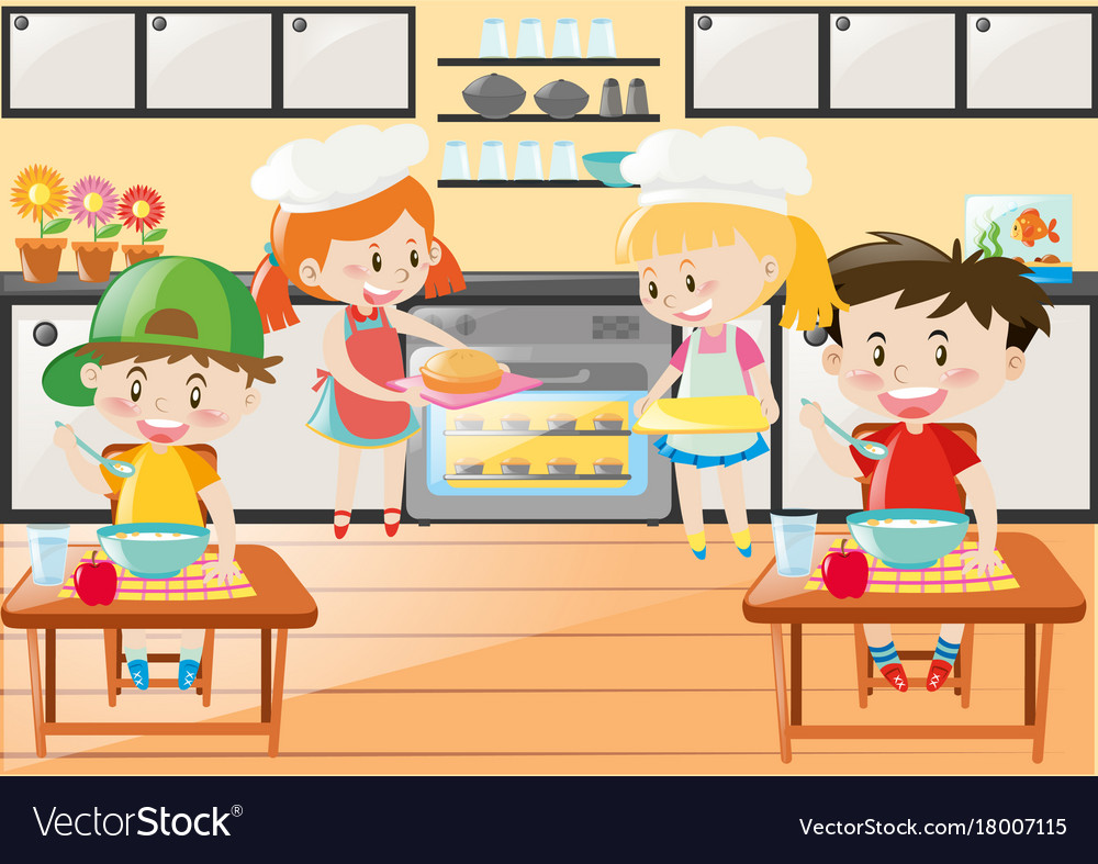 Kitchen scene with girls and boys