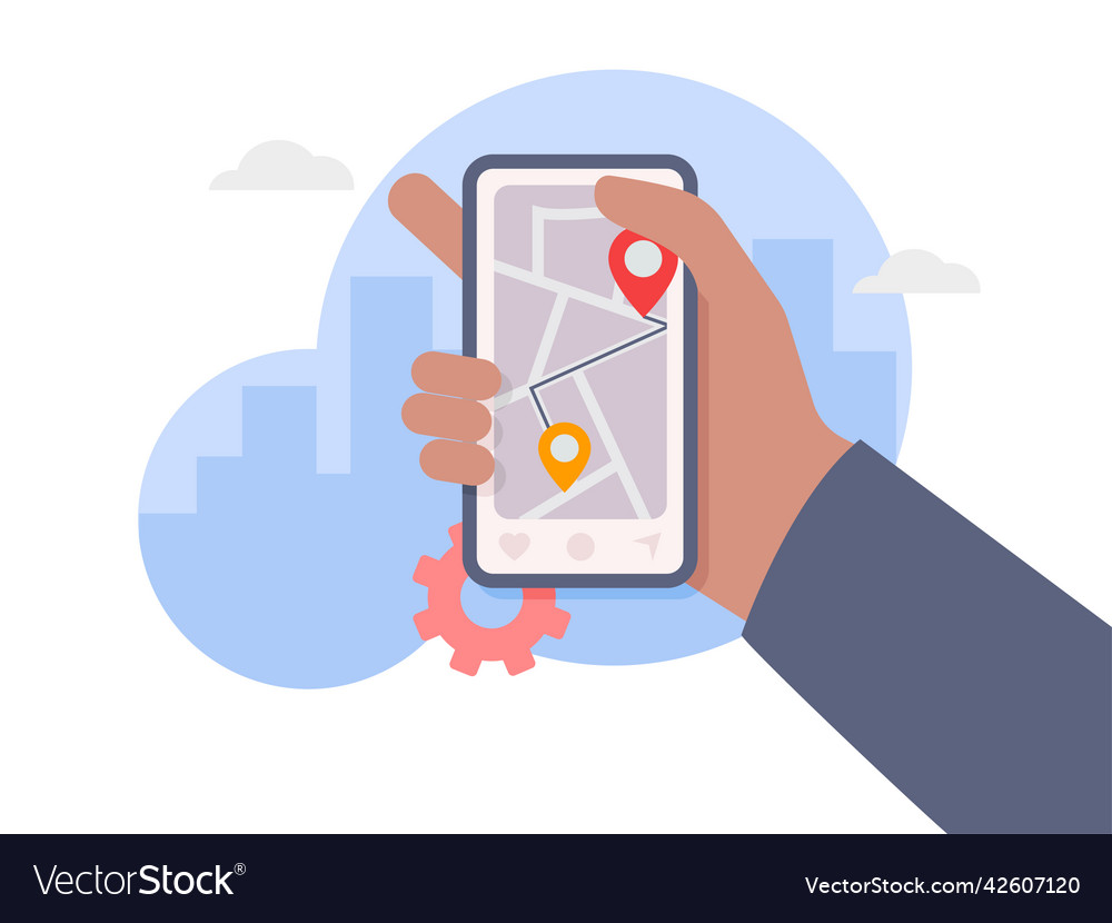 Hand holding smart phone with location tracker app