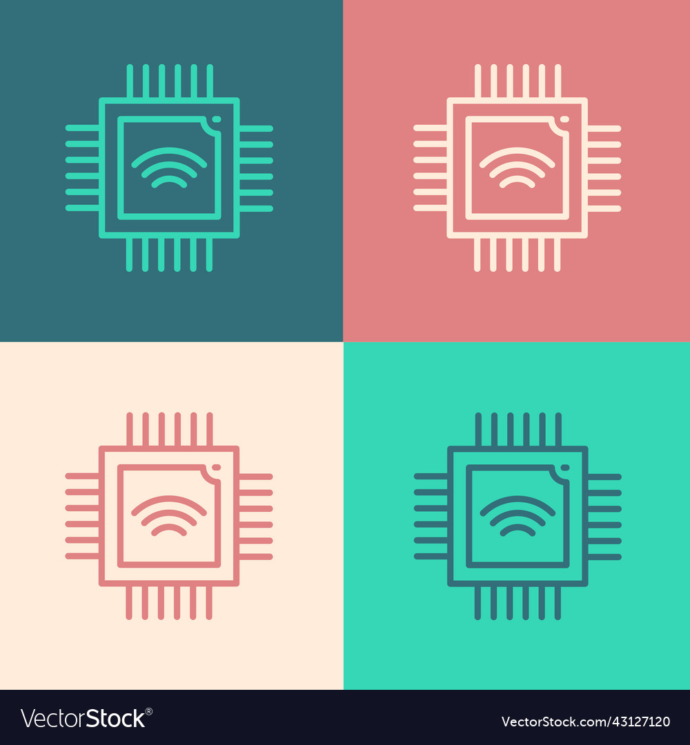 Pop art line computer processor with microcircuits vector image Pop art line computer processor with microcircuits