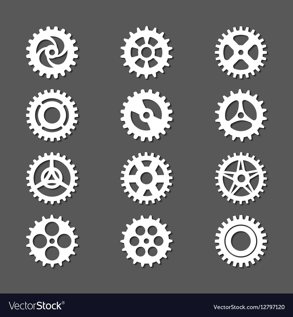 White gears icon set with shadows Royalty Free Vector Image