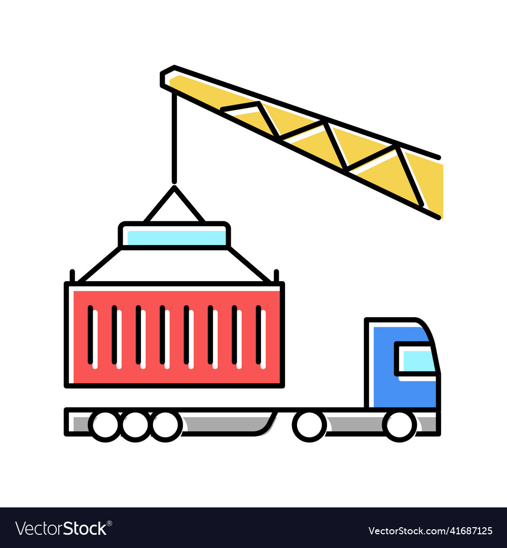 Crane loading container on truck in port color vector image Crane loading container on truck in port color