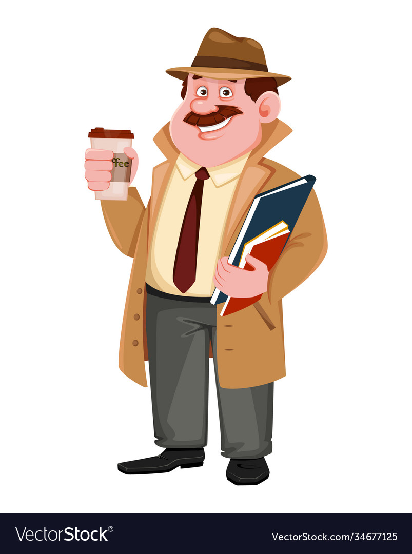 Detective cartoon character having a coffee break