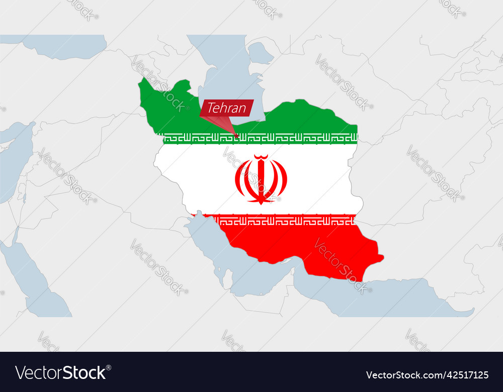 Iran map highlighted in flag colors and pin