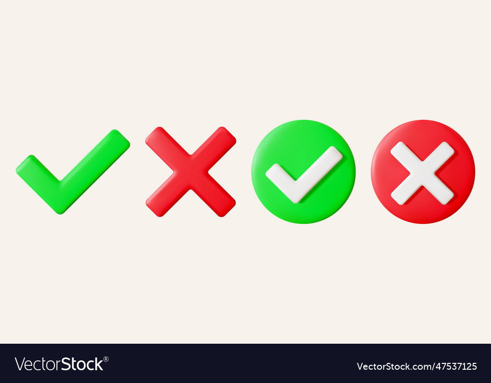 Set of realistic 3d green check mark and red cross Vector Image Set of realistic 3d green check mark and red cross