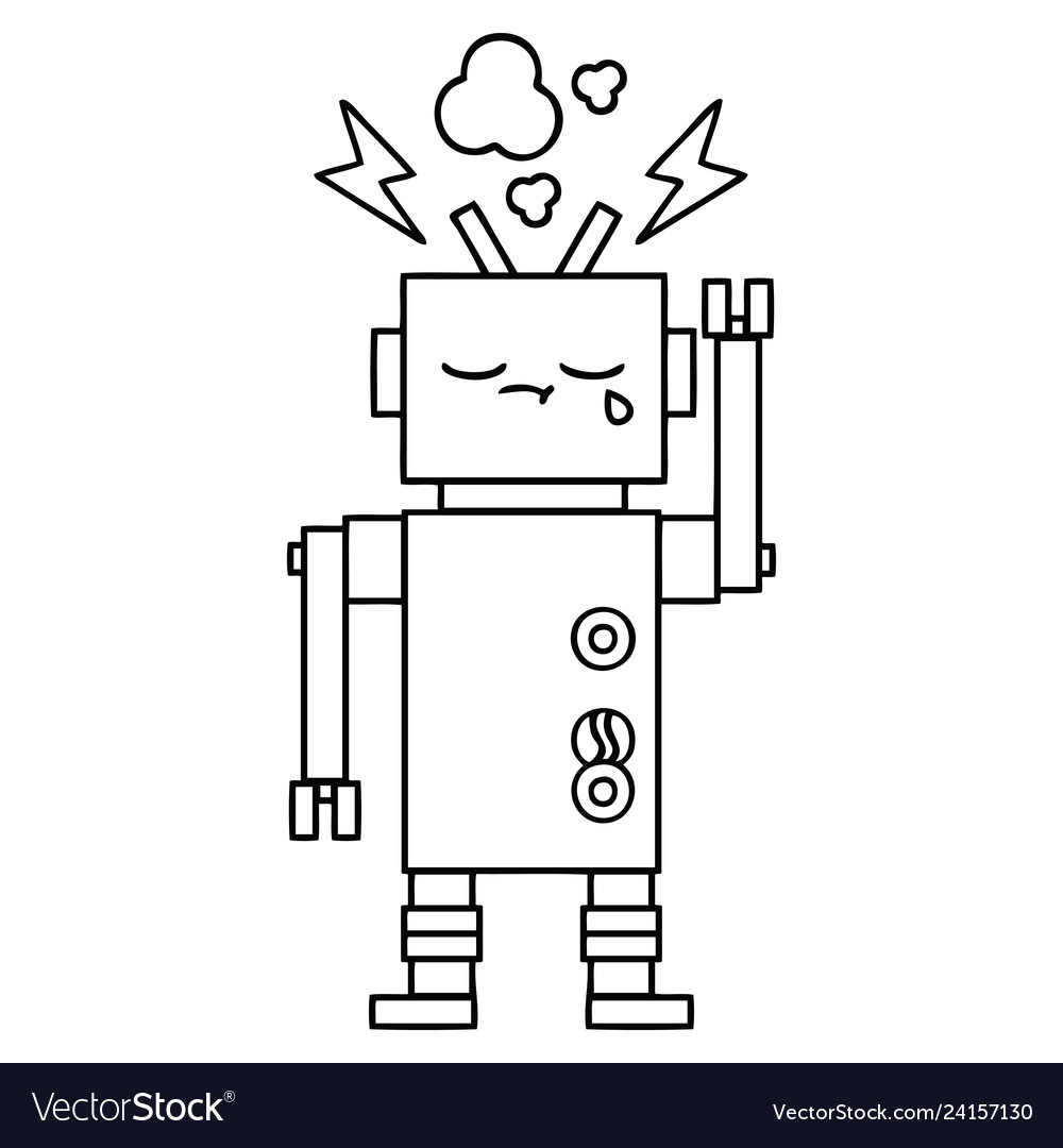 Line drawing cartoon crying robot