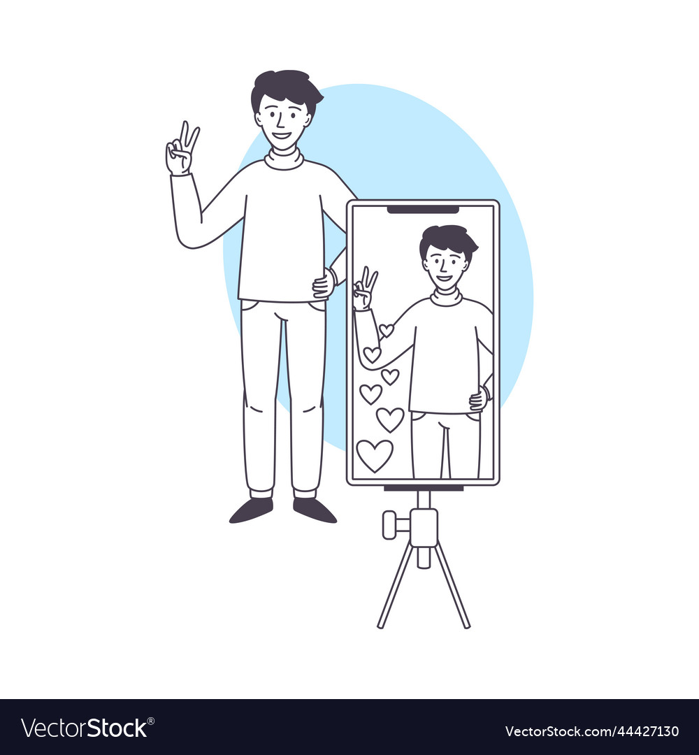 Man blogger character with smartphone on tripod
