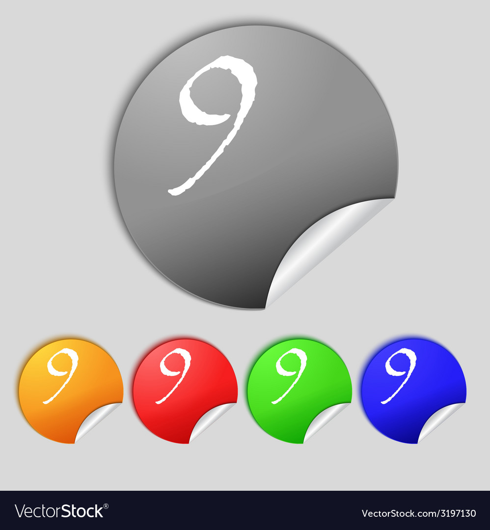 Number nine icon sign set of coloured buttons