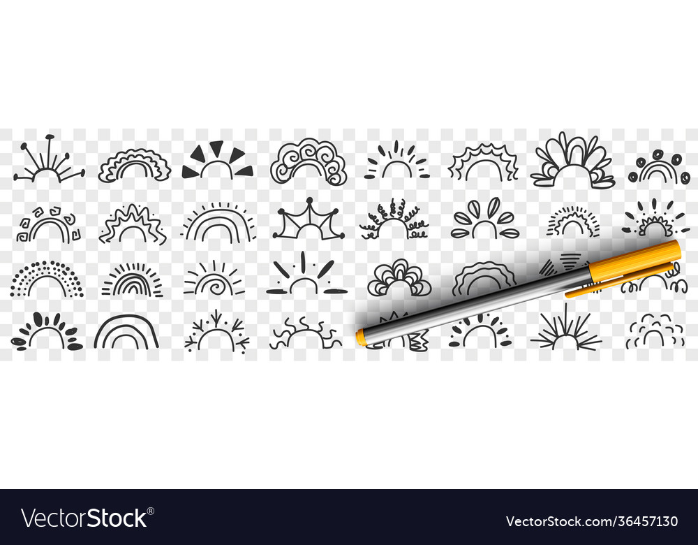 Rainbow patterns and rays drawings doodle set Vector Image Rainbow patterns and rays drawings doodle set