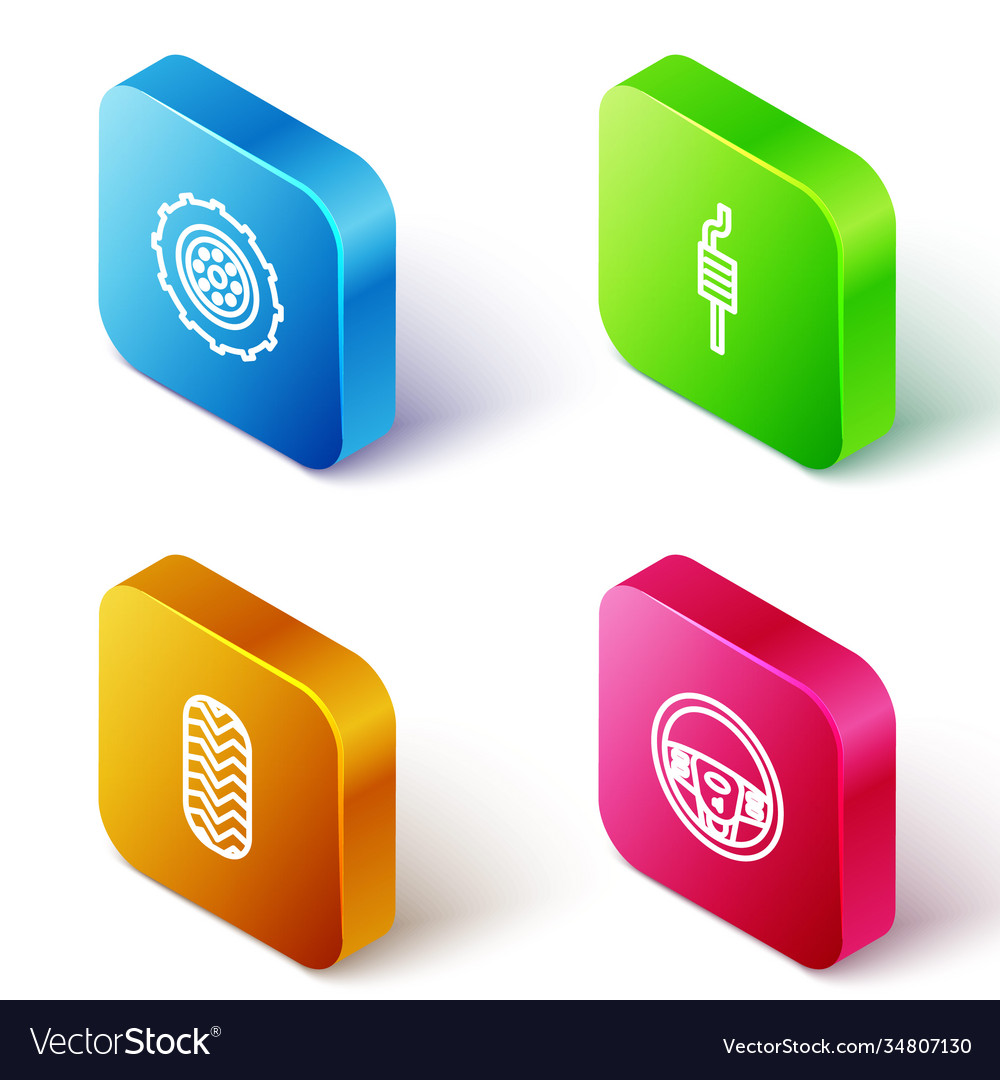 Set isometric line car wheel muffler tire Vector Image