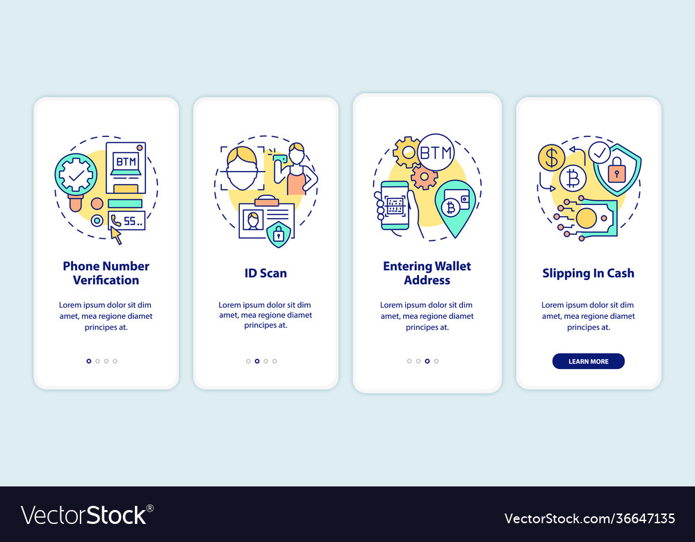 Bitcoin atm verification steps onboarding mobile vector image Bitcoin atm verification steps onboarding mobile