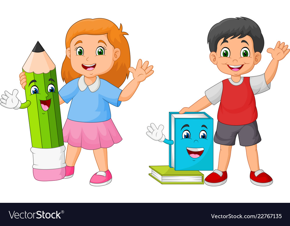 Cartoon kids with book and pencil mascots Vector Image