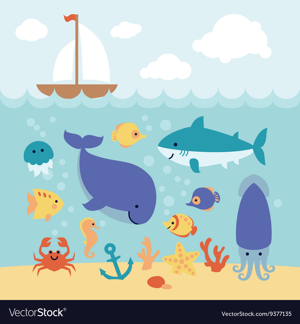 Cute cartoon animals swimming under sea and Vector Image