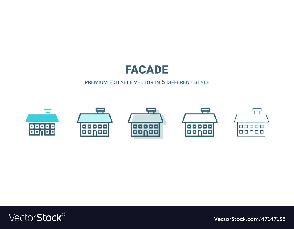 Facade icon in 5 different style outline filled vector image Facade icon in 5 different style outline filled