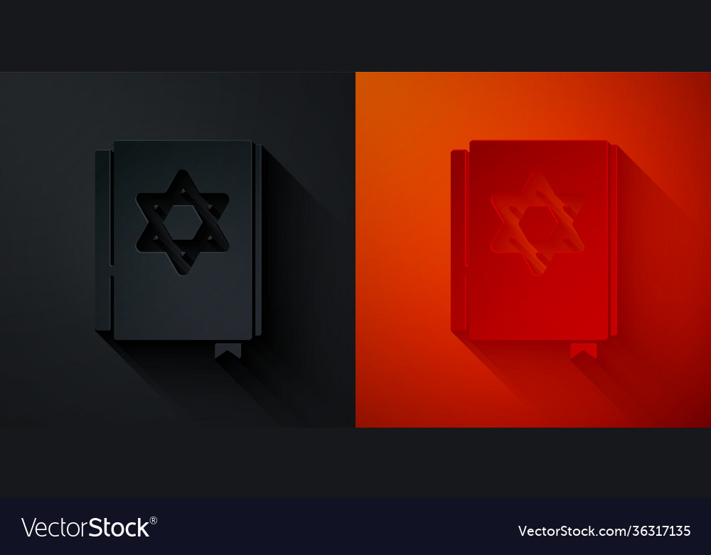 Paper cut jewish torah book icon isolated on black