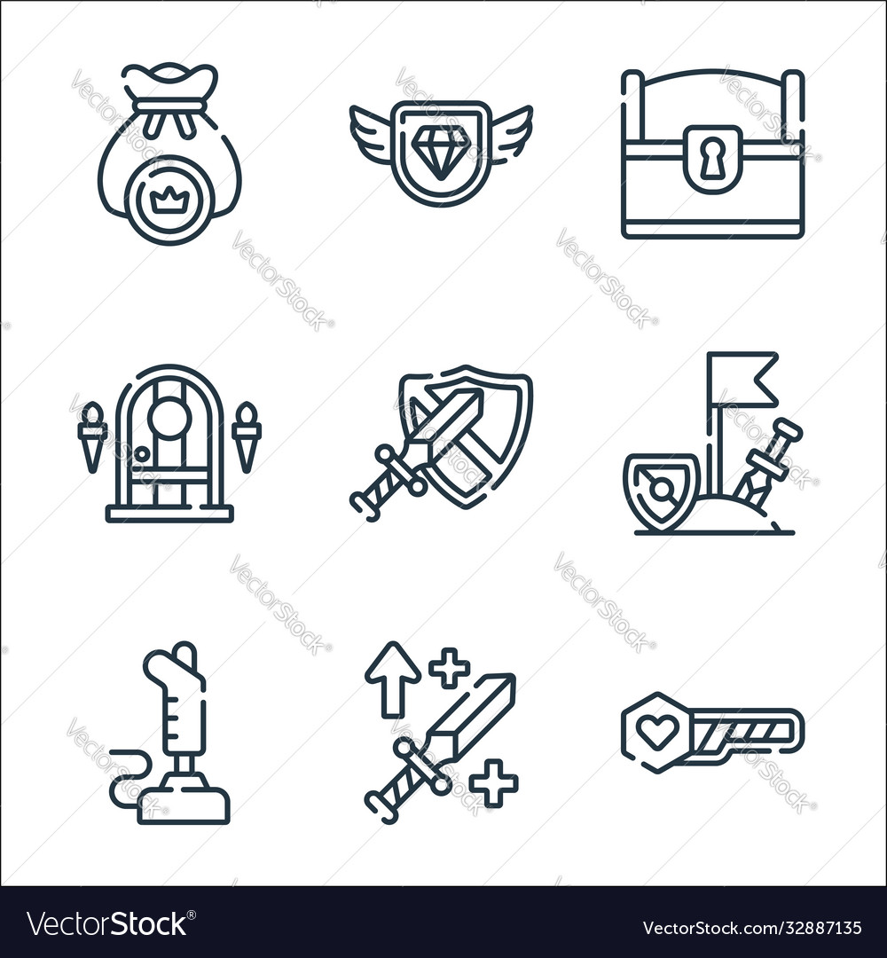 Videogame line icons linear set quality vector image Videogame line icons linear set quality