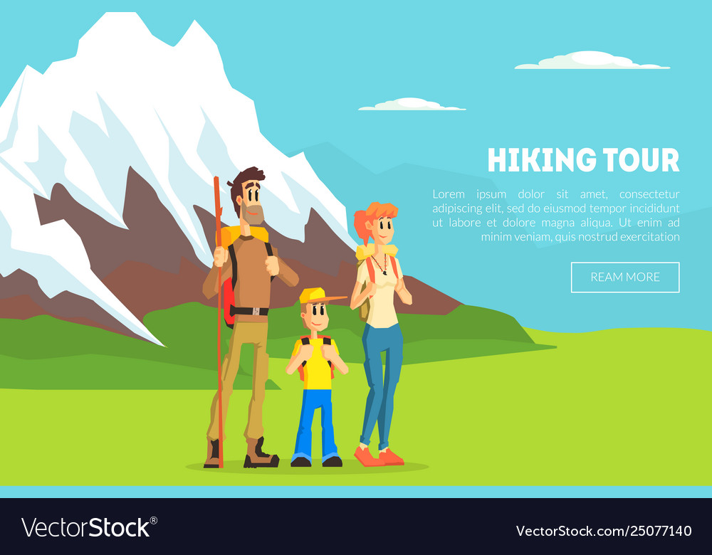 Hiking tour banner template happy family