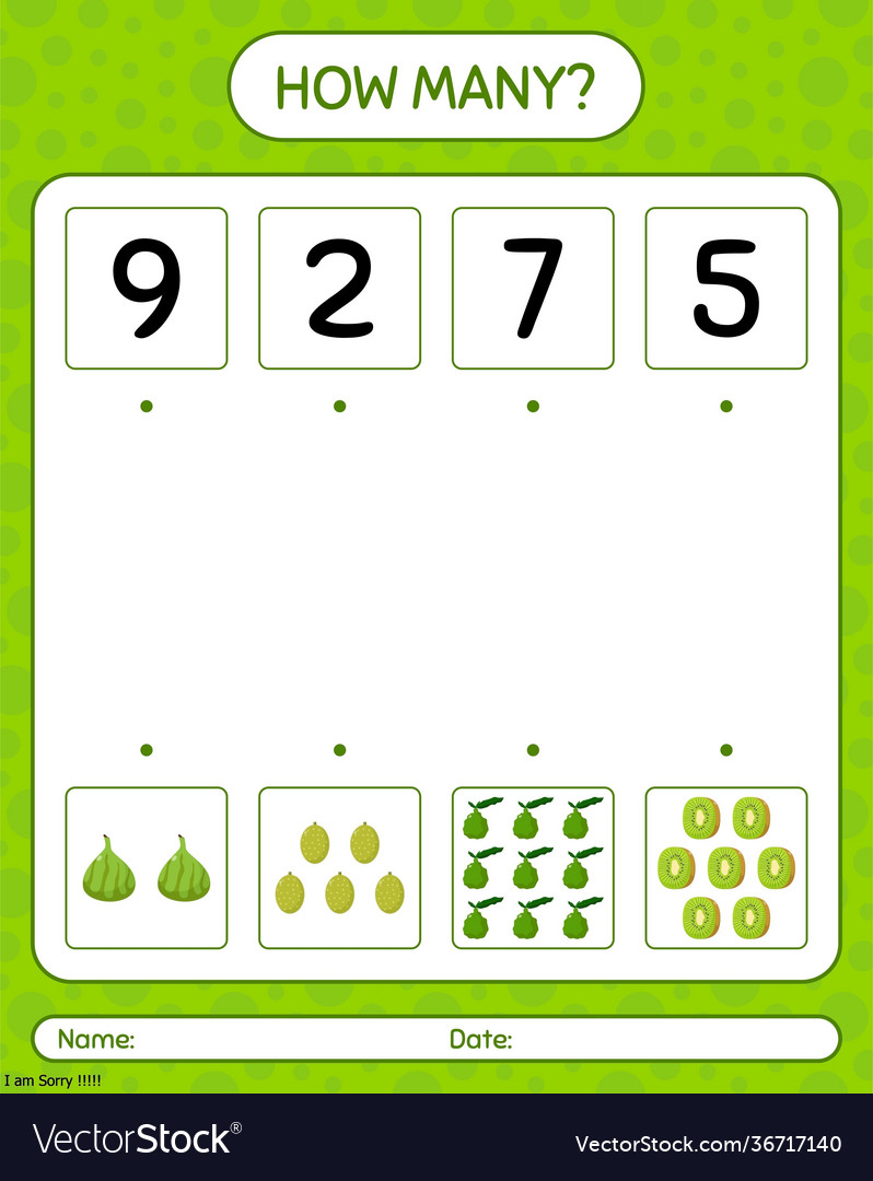 How many counting game kaffir lime kiwi worksheet vector image How many counting game kaffir lime kiwi worksheet