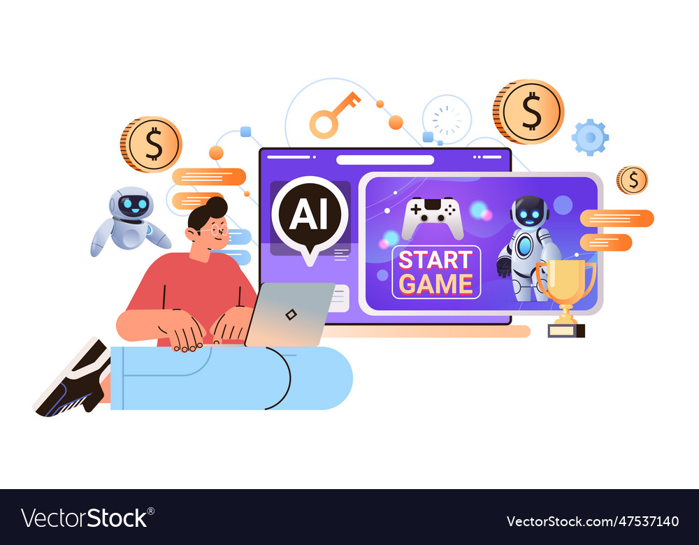 Man playing computer video games with ai helper