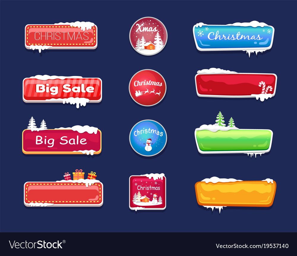 Set of winter theme web push button covered snow