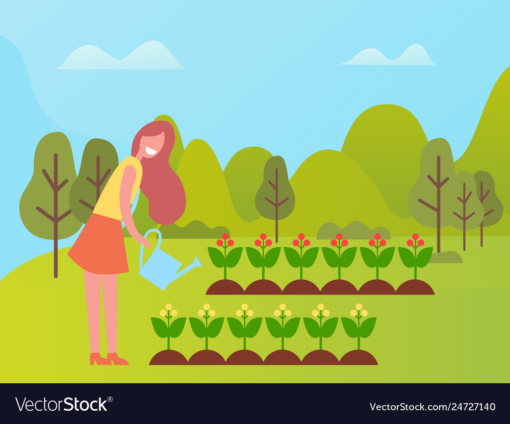 Woman smiling and watering plants agriculture