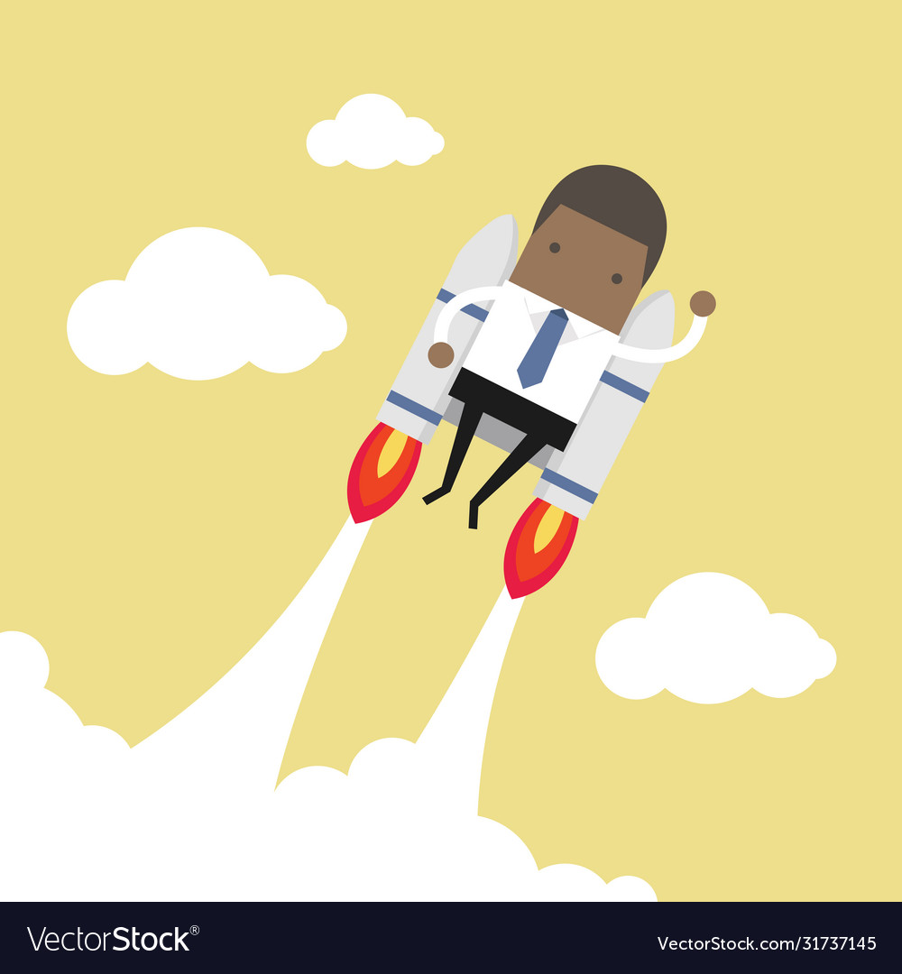 African businessman flying with jetpack