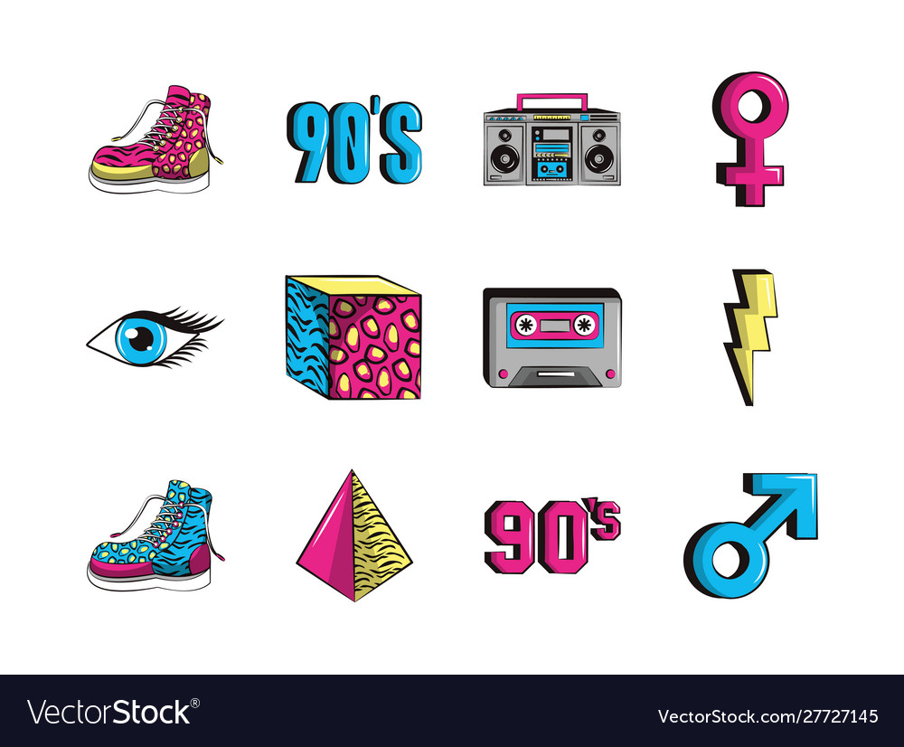 Bundle nineties set icons vector image Bundle nineties set icons