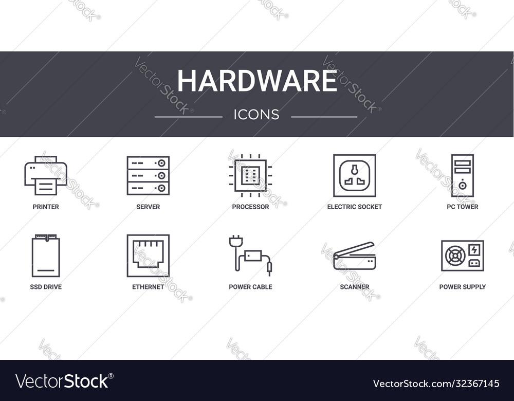 Hardware concept line icons set contains