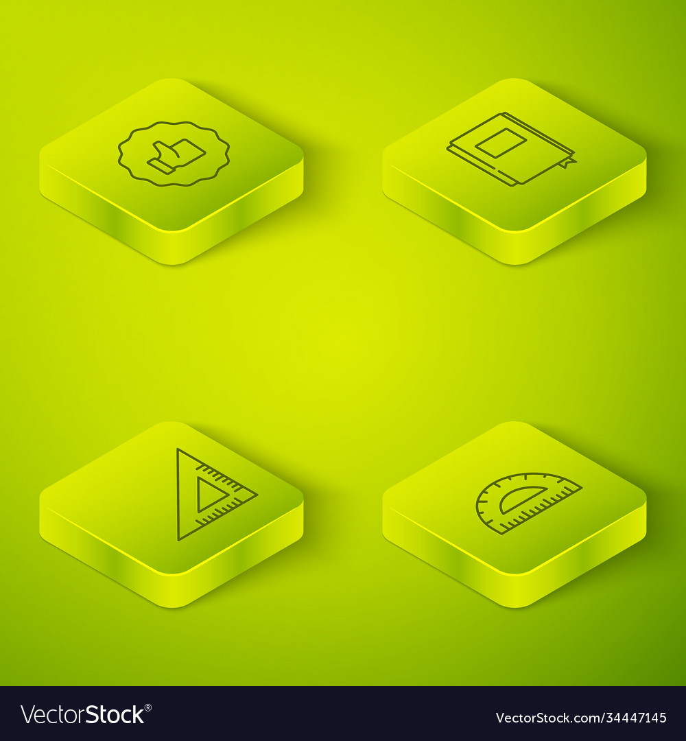 Set isometric book triangular ruler protractor vector image Set isometric book triangular ruler protractor
