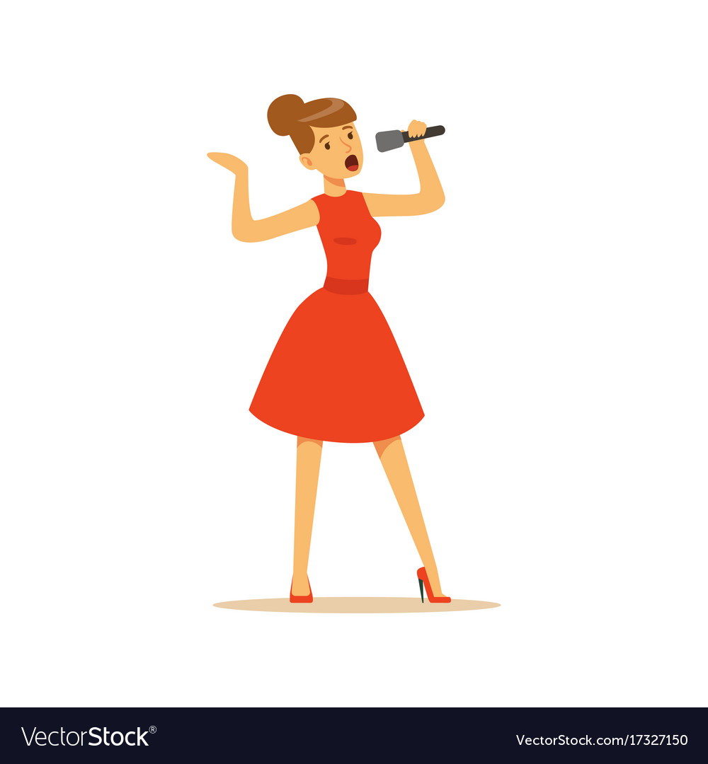 Beautiful woman singer in red dress singing with Vector Image