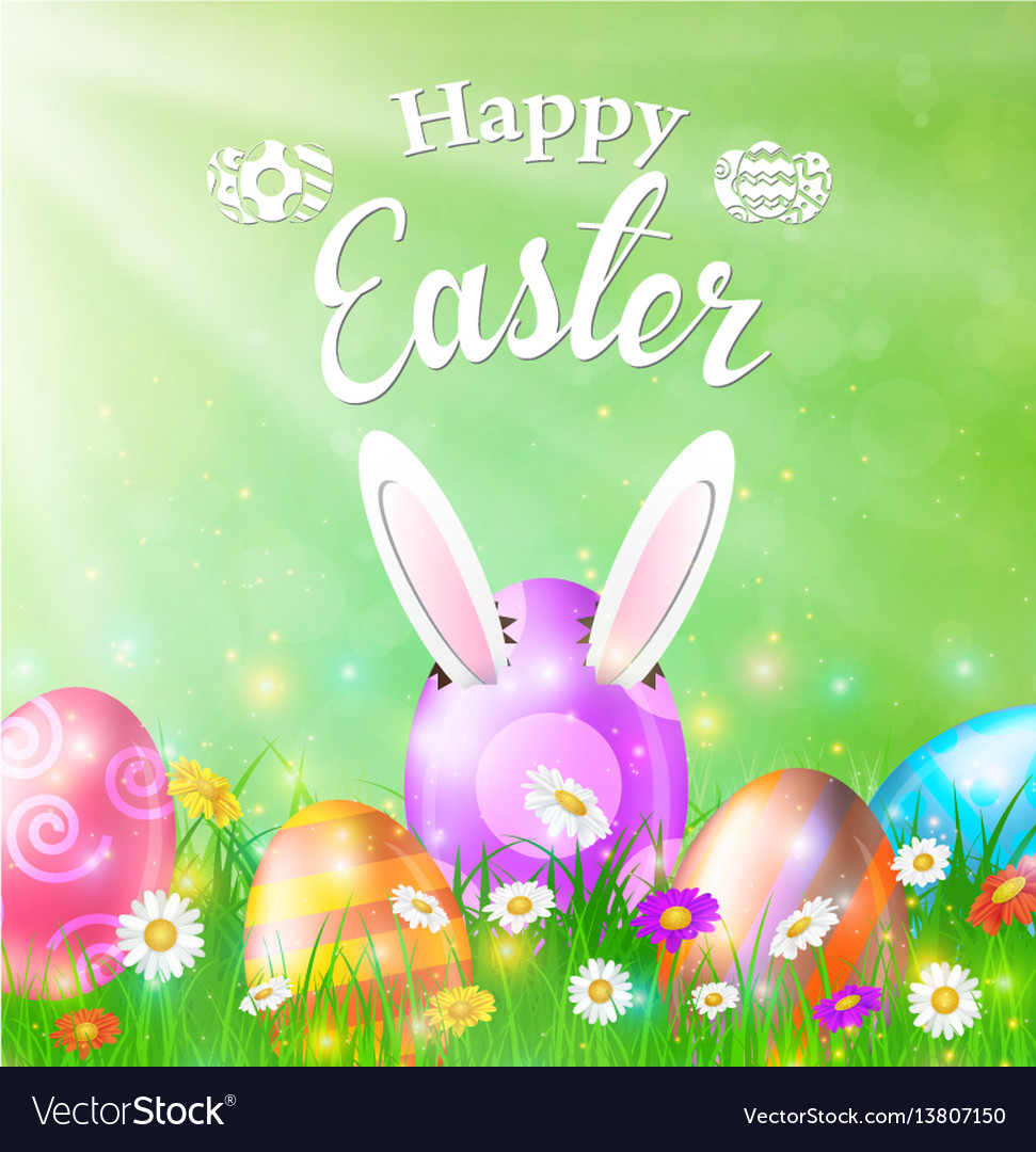 Happy easter card with eggs grass flowers Vector Image