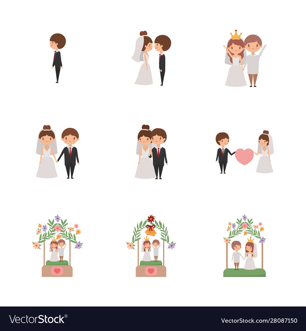 Set brides and grooms cartoons design