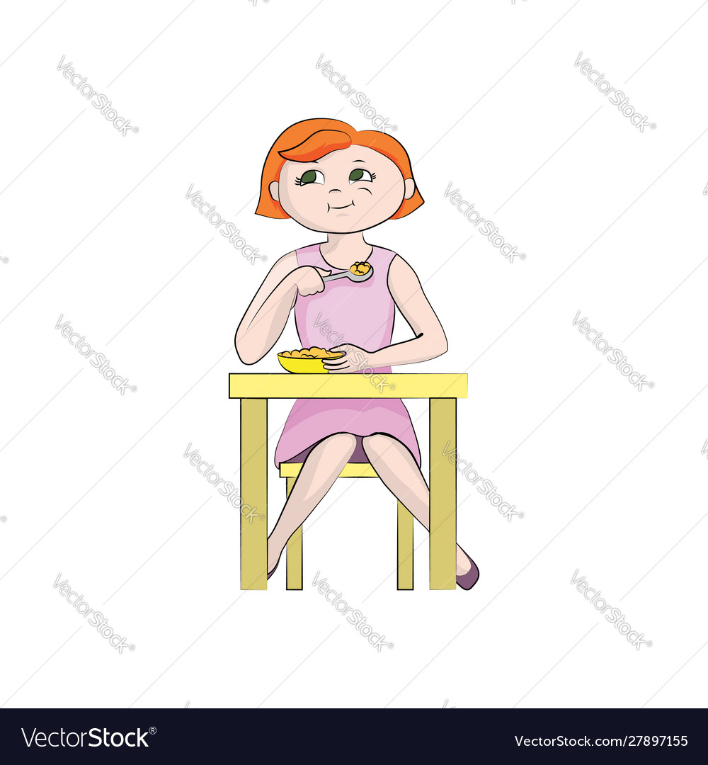 Girl child eats at table color